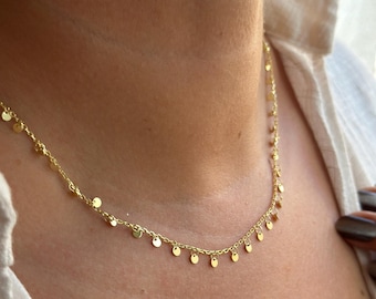 Collar de cadena con discos de oro de 14k, gargantilla delicada con monedas, collar de cuentas en capas, cadena minimalista de oro para mujer, joya para uso diario