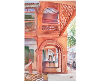 Red House, Katong, Singapore original watercolor painting, asia travel, not a print, id220603 spring wallart, landscape