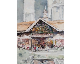 Lau Pa Sat, original watercolor painting, Singapore satay hawker, foodcourt, foodie, asia travel, not a print, landscape, wallart id240322