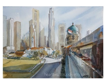 National Art Gallery, Singapore skyline padang, original watercolor painting, asia travel, not a print, id210321, spring wallart, landscape