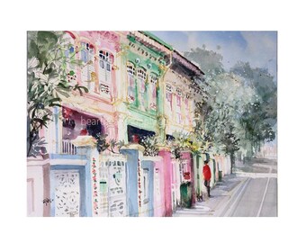 Case Peranakan, 9x12, Koon Seng, Joo Chiat, pittura ad acquerello originale, viaggio in Asia a Singapore, non una stampa, paesaggio, wallart id240426