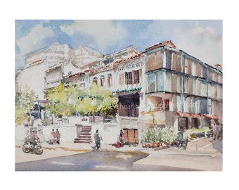 Mohammed Sultan, 9x12 old n new houses, peranakan, watercolor painting, Singapore asia travel, not a print, landscape, wallart id230817