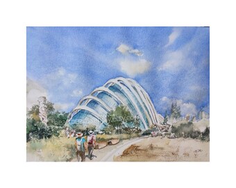 Gardens by the Bay, Cloud Forest, 9x12, Singapore original watercolor painting, asia travel, not a print, id230629 wallart, landscape