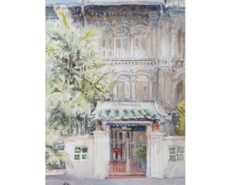 Emerald Hill, Orchard Singapore, original watercolor, Old house shopping, painting, asia travel, not a print, id240414