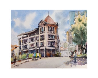 The Scarlet hotel, Chinaton 9x12 watercolor painting, Singapore asia travel, not a print, landscape, wallart id230804