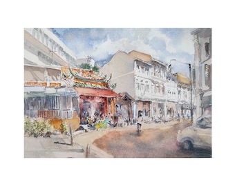 Shophouses n Temple, Amoy street , Singapore, original watercolor painting, asia travel, not a print, id230407