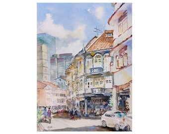 Keong Saik Street, 9x12, original watercolor painting, Singapore asia travel, not a print, landscape, wallart id230710