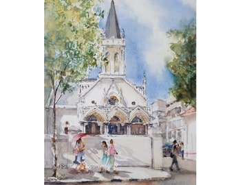 Church, Queen Street, street scene Singapore, Original watercolor painting,  asia travel, not a print, id230921 spring wallart, landscape