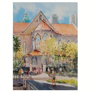May include: Watercolor painting of a church with a red tile roof and a green dome. The building has stained glass windows and is surrounded by trees. People are walking and biking on the street in front of the church.