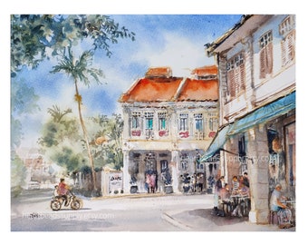 old coffee shop, Joo Chiat 9x12, home, chess game, original watercolor painting, Singapore asia travel, not a print,  wallart id240214