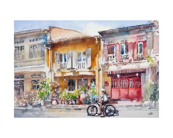 Colourful old houses, Everton, Singapore painting, Original watercolor,  asia travel, not a print, id230726,