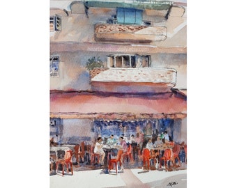 Coffee Shop, Tiong Bahru, Singapore, id240512, Original watercolor painting asia travel, not a print, wallart landscape