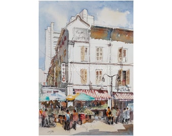 Chinatown, Singapore, shophouse, original watercolor painting, asia travel, not a print, id230715