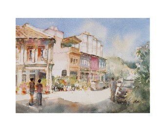 Old houses, Singapore, Blair Rd n spottiswoode park, original watercolor, Shop house shopping, painting, asia travel, not a print, id230708