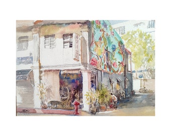 Joo Chiat shophouse Singapore, original watercolor painting, rattan furniture, asia travel, not a print, id221220