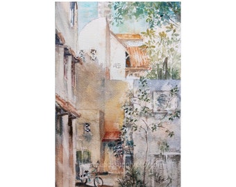 Amoy street, Singapore, old houses, Chinatown Original watercolor painting,  asia travel, not a print, id220904, spring wallart, landscape