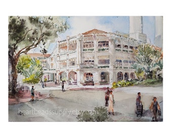 Raffles Hotel, Singapore painting, tropical palm Original watercolor,  asia travel, not a print, id230902, wallart, landscape