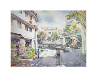 Tiong bahru, 9x12, Flowers, original watercolor painting, asia travel, not a print, landscape, wallart id230208