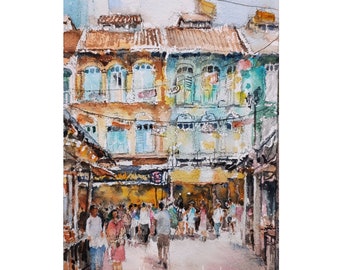 Chinatown Shophouses, Singapore painting, Original watercolor,  sg asia travel, not a print, watercolour, id231213  wallart, landscape