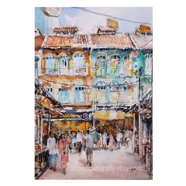 Chinatown Shophouses, Singapore painting, Original watercolor,  sg asia travel, not a print, watercolour, id231213  wallart, landscape