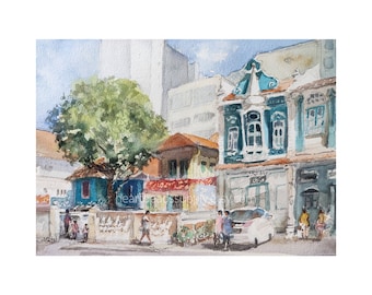Waterloo Street old houses, Singapore, original watercolor painting, asia travel, not a print, landscape, wallart id230505