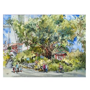 May include: Watercolor painting of a park scene with a large tree, a red and green pagoda, and people walking and biking. The artwork features a bridge, palm trees, and buildings in the background. The style is loose and impressionistic, with a focus on light and shadow.