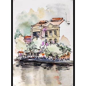 Häuser am Singapore River, Postkarte, Tuschestift Zeichnung, Aquarell id240412, kein Druck