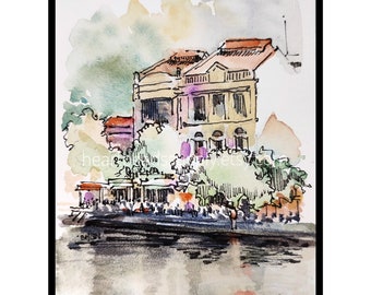 Houses on Singapore River, postcard, pen wash ink line peinture, painting id240412 watercolor, not a print