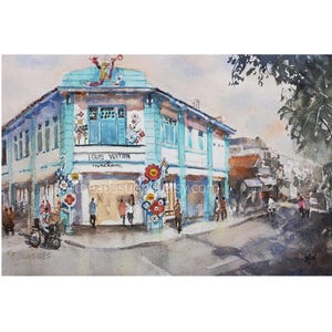 old shophouse, Joo Chiat, original watercolor painting, Singapore asia travel, not a print,  wallart id250122