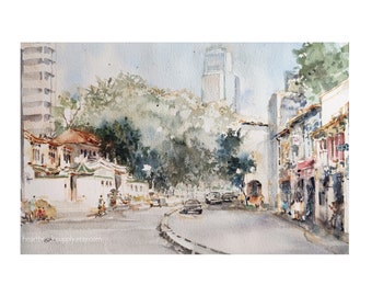 River Valley, Singapore, original watercolor painting, asia travel, not a print, id230425