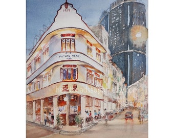 Evening, Keong Saik Singapore, Chinatown, potatohead, Original watercolor painting, asia travel, not a print, id220717, wallart landscape