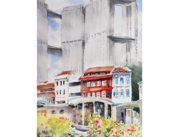 Yan Kit, Singapore, original watercolor, painting, watercolour, asia travel, not a print, id240107