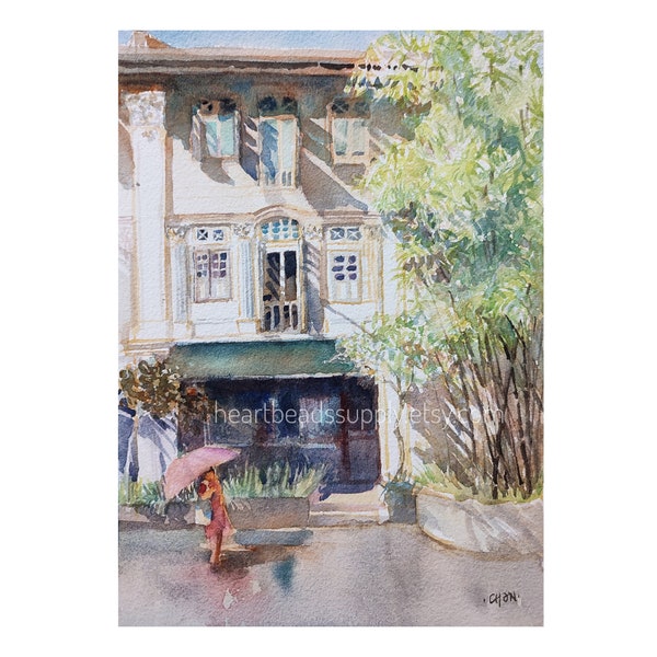 Chinatown shophouse, Singapore, original watercolor painting, asia travel, not a print, id220411, spring wallart, landscape