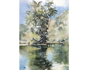 Swan Lake, Singapore Botanic Gardens, original watercolor, painting, asia travel, not a print, id240415