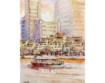 Singapore River at sunset, Original Aceo, Street Scene pen line wash watercolor asia travel peinture painting id200928 not a print