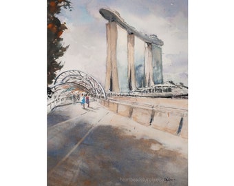 Helix Bridge MBS, Singapore, Original watercolor painting,  asia travel, not a print, id240322 spring wallart, landscape