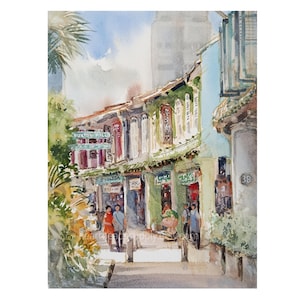 May include: Watercolor painting of a street scene with buildings in shades of red, green, and blue. The painting depicts a street with people walking, and signs that read "Buxton Hill". The sky is a light blue with some clouds.