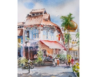 Shophouse, Baghdad St, Sultan Mosque Singapore, Original watercolor painting asia travel, not a print, id240411 wallart landscape