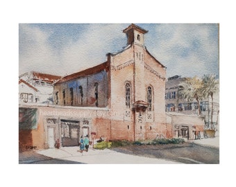 Prinsep Street, Presbyterian Church, Singapore, red brick building , original watercolor painting, asia travel, not a print, id230210