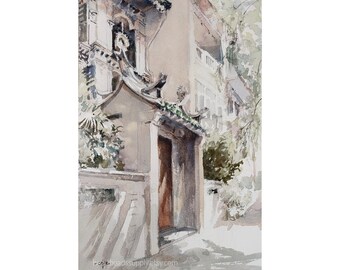 Emerald Hill, Peranakan house gate, Singapore, original watercolor painting, asia travel, not a print, id240319, spring wallart, landscape