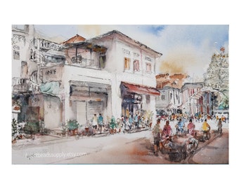 Indian Temple n old houses, Singapore painting, Original watercolor,  sg asia travel, not a print, watercolour, id231017  wallart, landscape