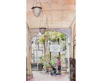 Raffles Courtyard, ink and wash, Singapore painting, asia travel, not a print, landscape, wallart id230930