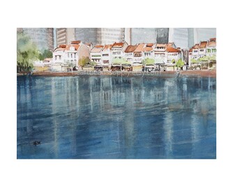 Singapore River, Original watercolor painting asia travel, not a print, id240421 wallart landscape