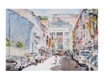 Chinatown, The Majestic, Singapore painting,  Original watercolor,  sg asia travel, not a print, watercolour, id240410  wallart, landscape