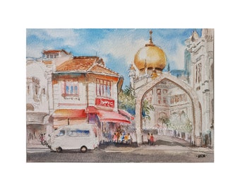 Arab street Sultan Mosque Shop houses, Kampong Glam original watercolor painting, asia travel, not a print, id210808 wallart, landscape