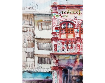 Red shophouse, street scene Singapore, ink and wash painting, asia travel, not a print, landscape, wallart id231003