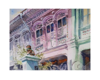 Lion, Peranakan House, 9x12, Koon Seng, east coast Singapore painting, watercolour, asia travel, not a print, landscape, wallart id240325