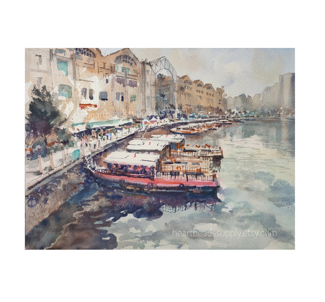 clark-quay-singapore-river-boats-9x12-riverside-original-watercolor