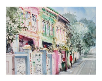 Peranakan Houses, 9x12, Koon Seng, Joo Chiat, original watercolor painting, Singapore asia travel, not a print, landscape, wallart id240426