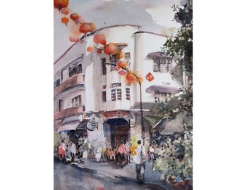 Tiong bahru, Singapore, Original watercolor painting,  asia travel, not a print, id240324 wallart, landscape